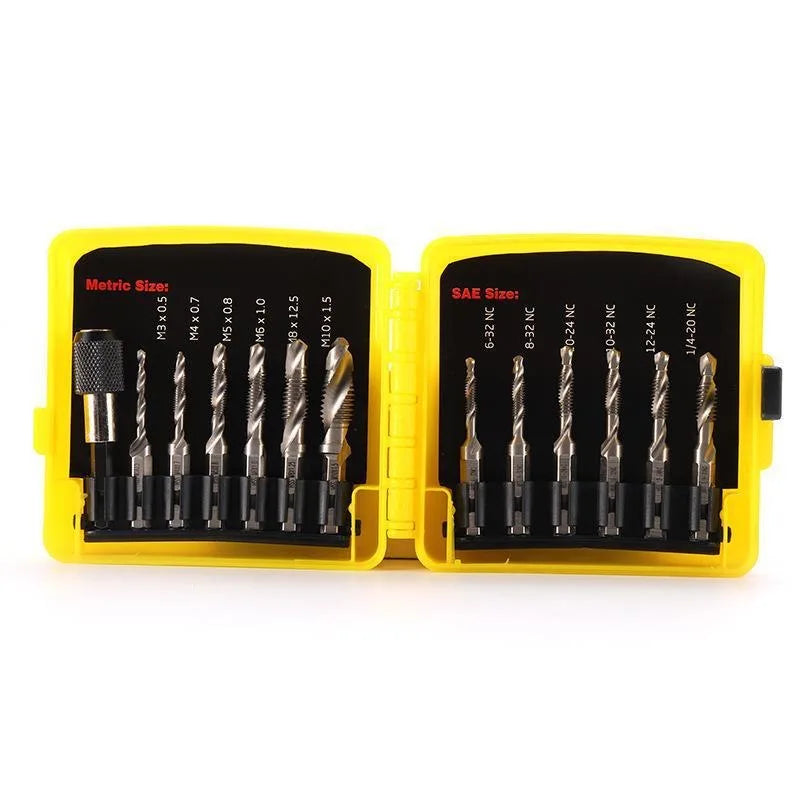 TEBAK Titanium Combination Drill Tap Bit Set 13PCS SAE and Metric Tap Bits Kit for Screw Thread Drilling Tapping Deburring