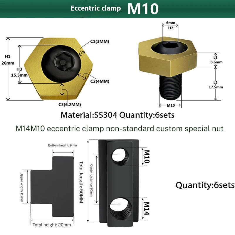 6 Pcs Hexagonal Eccentric Fixture Clamps Stainless Steel Anchor Clamping with Nut for Workholding Thread M4 M5 M6 M8 M10 M12 M16