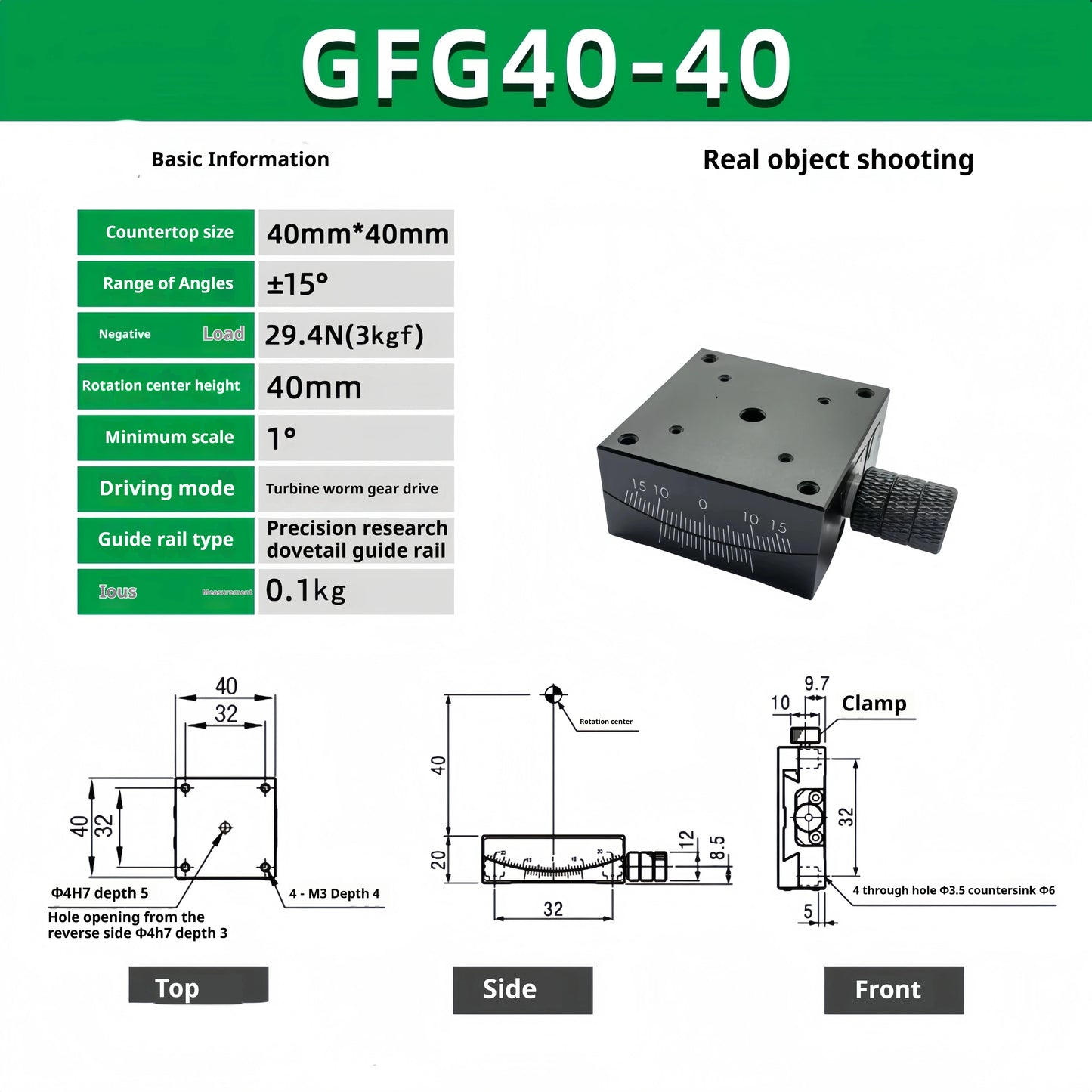 GFG40 GFWG40 X Axis XY Axis 40mm Sliding Table Manual Radian Angle Table Goniometer Swing Table Measurement Displacement Radian