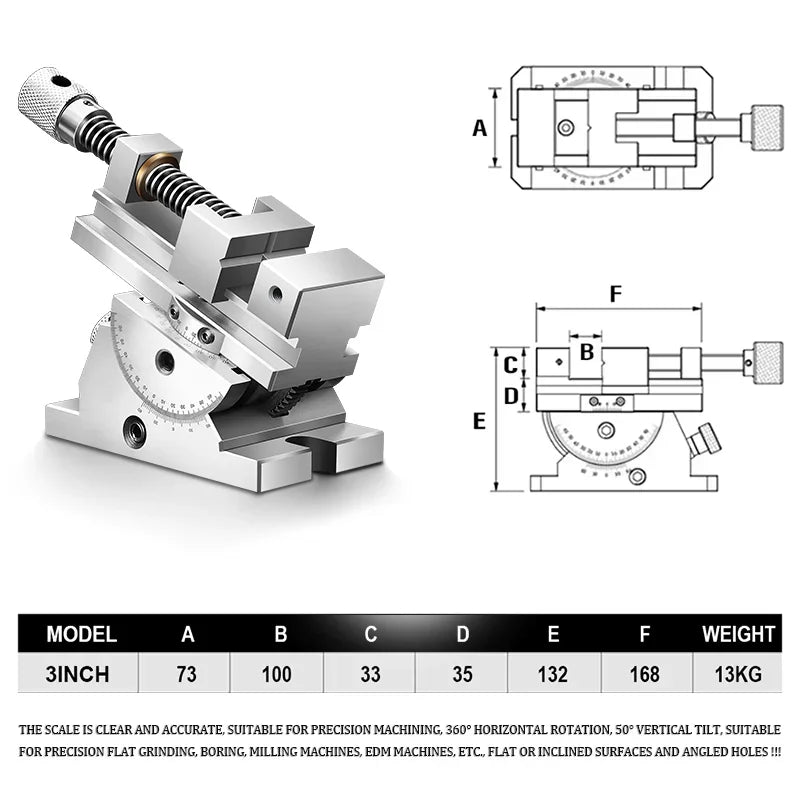 Universal Flat Jaw Precision Vise, Rotating vise,size 2 to 3 inches, 360° Rotation Adjustable angle, Vertical tilt up to 50°