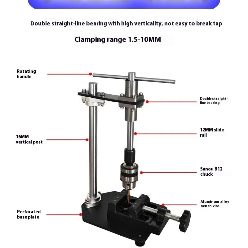 Manual Tapping Machine Small Vertical Desktop Tapper Adjustable T-Handle Tap Holder Wrench B12 1.5-10MM Chuck