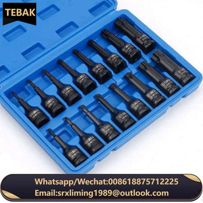 TEBAK 16pcs Hexagonal and Inner Six Flowers Impact Socket Bit Drive Socket Set