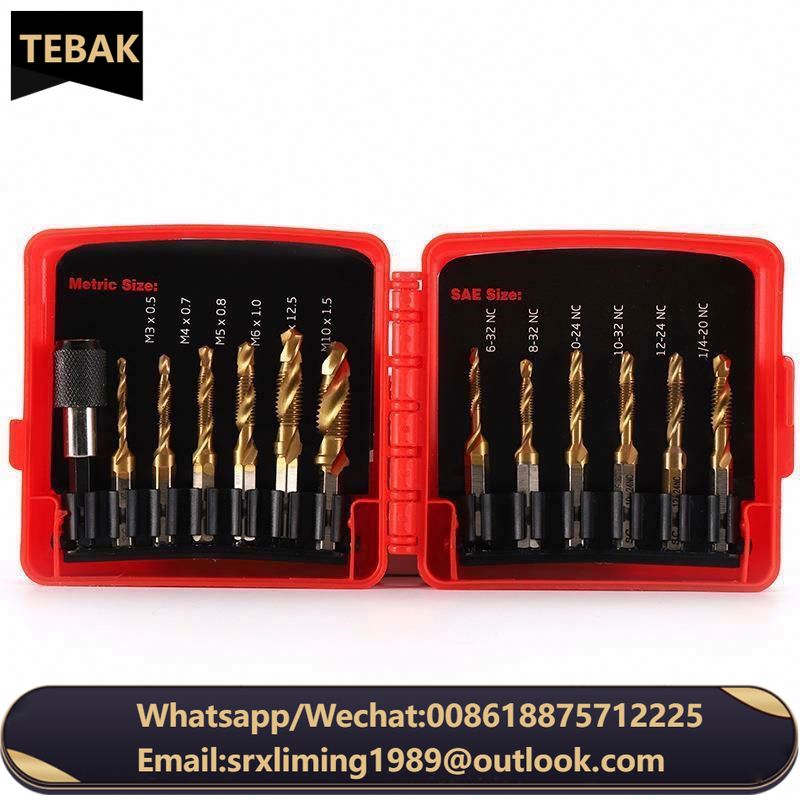 TEBAK 13PCS Titanium Metric Combination Hexagonal Shank Tap and Drill Set for Screw Thread Drilling Tapping Deburring