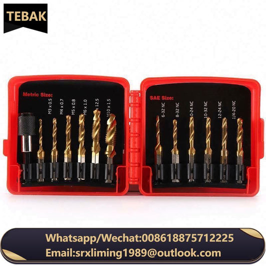 TEBAK 13PCS Titanium Metric Combination Hexagonal Shank Tap and Drill Set for Screw Thread Drilling Tapping Deburring