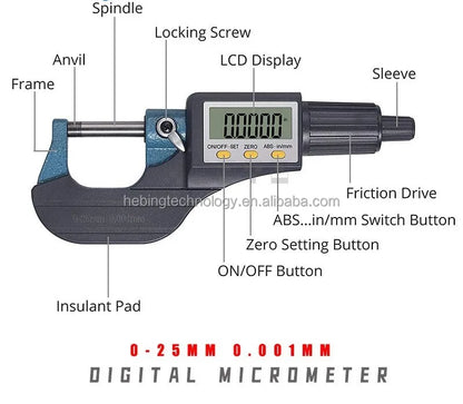 Machine tool accessories Digital External Micrometer 0-25 MM Measuring Range 0.001 MM Accuracy Micron Thickness Measuring Tool
