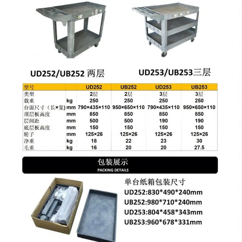 Tray Top Trolley Cart 2 Tier Stable Utility Plastic Service Cart Food Trolley for Restaurant