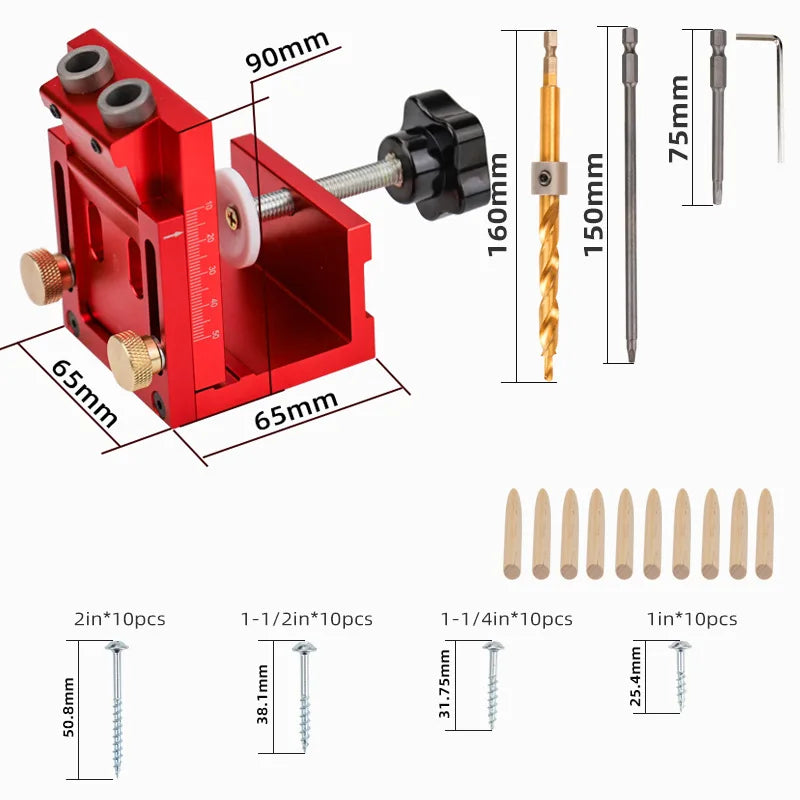 TEBAK W-147 Joinery Work OEM Alloy Pocket Hole Jig Two Hole Wood Jig System Kit with Drill Guide Step Drill Bit Plugs Screws