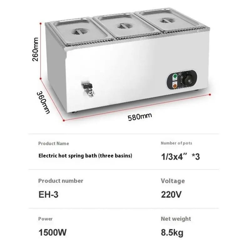 Warm Soup Pool Stainless Steel Heated Three Soup Pools Electric Soup tank Food Warmer Bain Marie Temperature Control