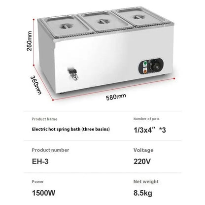 Warm Soup Pool Stainless Steel Heated Three Soup Pools Electric Soup tank Food Warmer Bain Marie Temperature Control