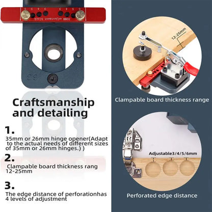W-134 Adjustable Hinge Boring Jig Concealed Hinge Drilling Guide Jig  Aluminum Alloy Hinge Hole Opener Template Puncher Locator