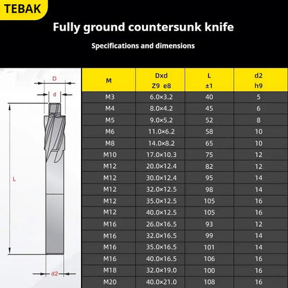 TEBAK M6-m16 High-speed Steel Countersunk Head Milling Cutter 4-tooth Titanium Plated Straight Shank End Milling Cutter