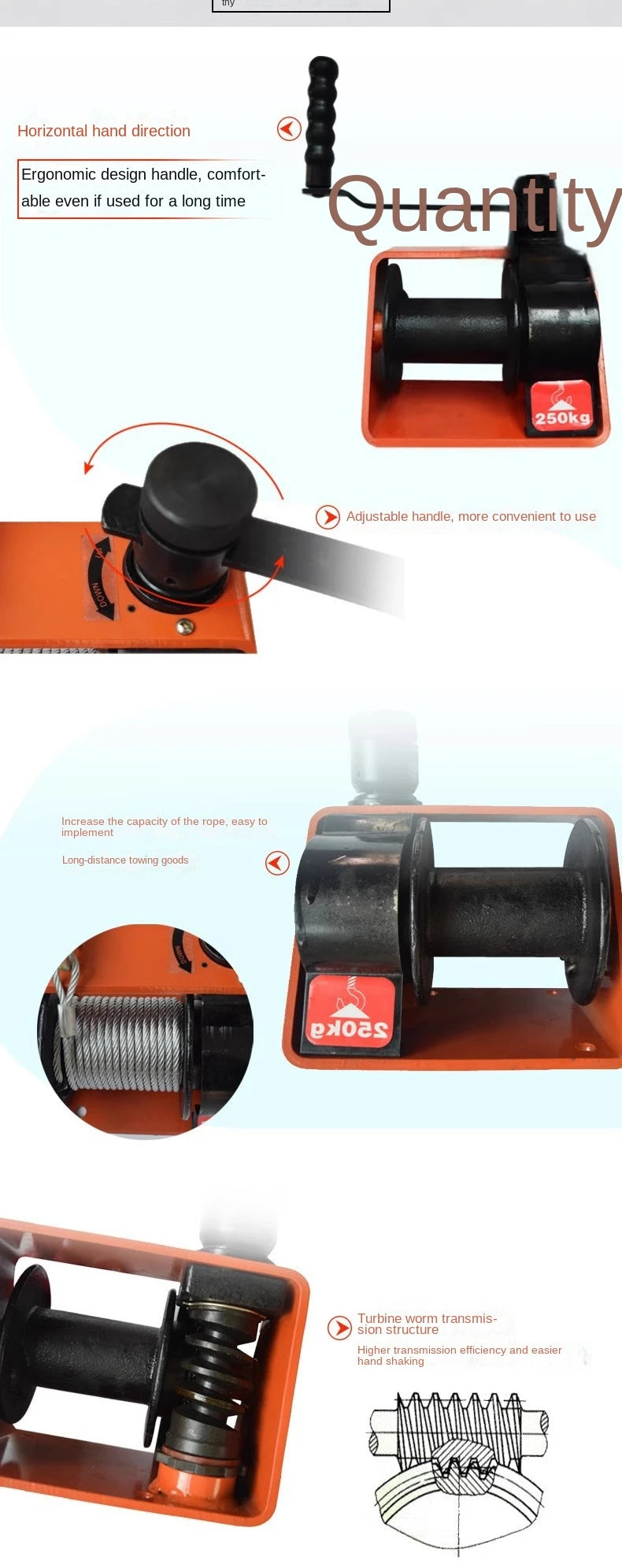 Worm Gear Winch 250/500/1000kg Mini Anchor Hand Operated Winch with Crack and Break