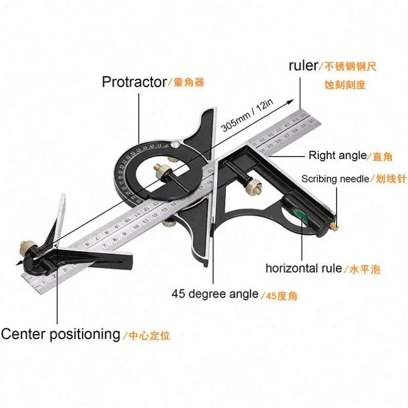 Stainless Steel Combination Tri-Square Set 300mm/12in Right Angle Ruler Combination Measuring Tool