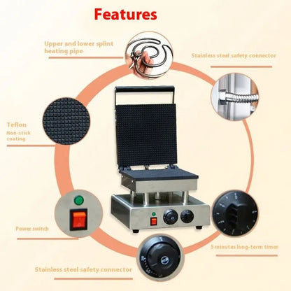 TEBAK Square Egg Roll Machine Snack Equipment Food Waffle Electric Biscuit Cookie Making Machine Ice Cream Cone Waffle Maker