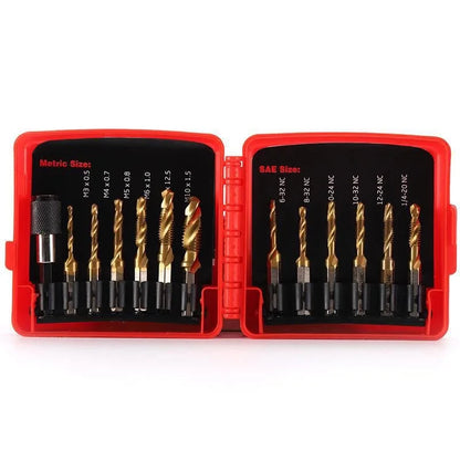 TEBAK Titanium Combination Drill Tap Bit Set 13PCS SAE and Metric Tap Bits Kit for Screw Thread Drilling Tapping Deburring