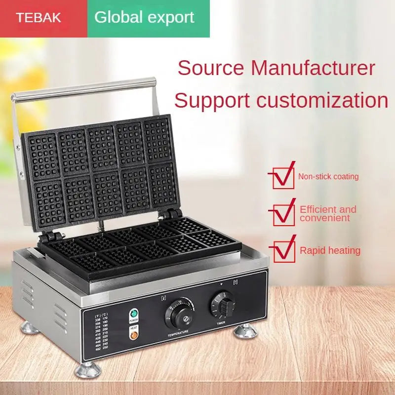 Factory Wholesale Commercial Rectangle Waffle Baker 10pcs Nonstick Electric Belgian Waffle Maker Machine Snack Machine