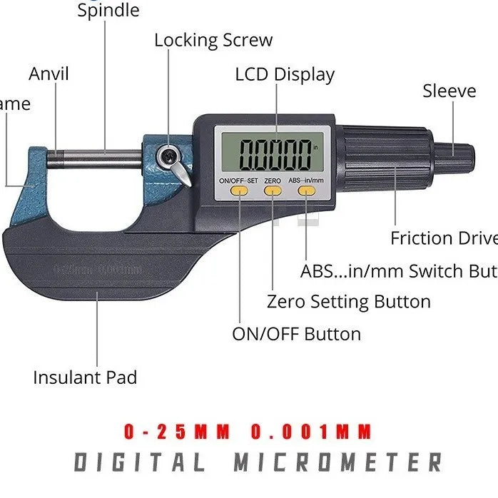 TEBAK Electronic Micrometer Wall Thickness Micrometer Digital Display Micrometer 0-25mm 0.001mm