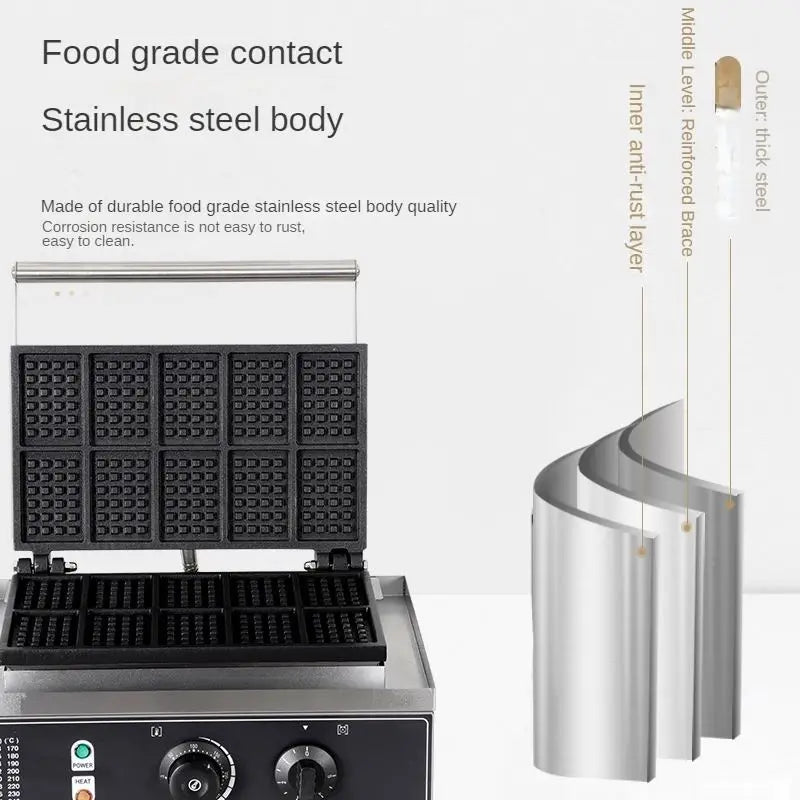 Factory Wholesale Commercial Rectangle Waffle Baker 10pcs Nonstick Electric Belgian Waffle Maker Machine Snack Machine