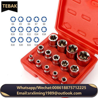 TEBAK Crv Material 14pcs/set E Torx Star Female Bit Sockets Set 1/2" 3/8" 1/4" Drive E4 - E24 Repair Tools Hand Tool Set Sleeve